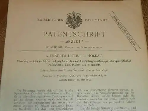 original Patent - Alexander Herbst in Moskau / Russland , 12.11.1884 , Apparat für Zuckerfabrik , Zucker !!!