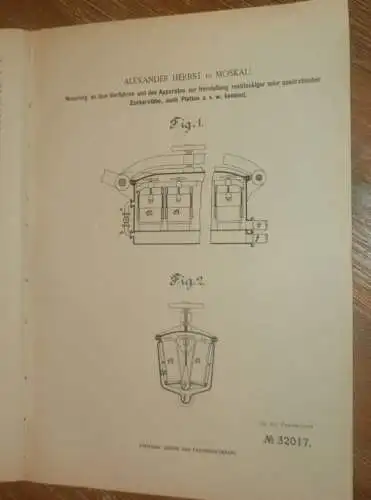 original Patent - Alexander Herbst in Moskau / Russland , 12.11.1884 , Apparat für Zuckerfabrik , Zucker !!!