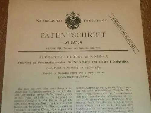 original Patent - Alexander Herbst in Moskau / Russland , 3.04.1881 , Apparat für Zuckerfabrik , Zucker !!!