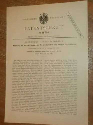 original Patent - Alexander Herbst in Moskau / Russland , 3.04.1881 , Apparat für Zuckerfabrik , Zucker !!!