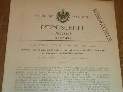 original Patent - Roman Szmelczynski in Slupno i. Polen , 31.07.1898 , Kartoffel-Maschine , Landwirtschaft Masowien !!