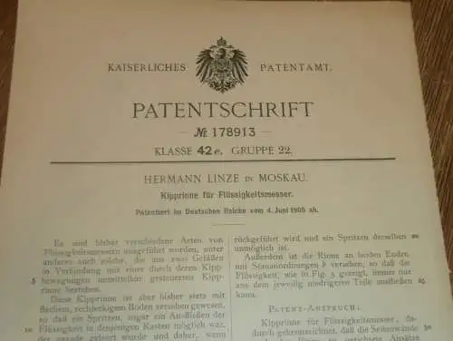 original Patent - Hermann Linze in Moskau / Russland , 4.06.1905 , Flüssigkeitsmesser !!!