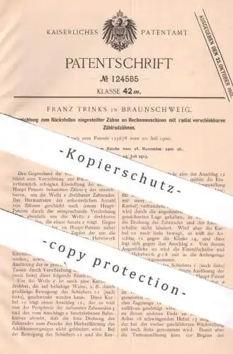 original Patent - Franz Trinks , Braunschweig , 1900 , Zähne an Rechenmaschinen | Zahnrad , Zahnräder | Kasse , Rechner