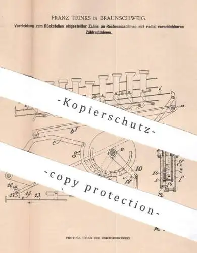 original Patent - Franz Trinks , Braunschweig , 1900 , Zähne an Rechenmaschinen | Zahnrad , Zahnräder | Kasse , Rechner