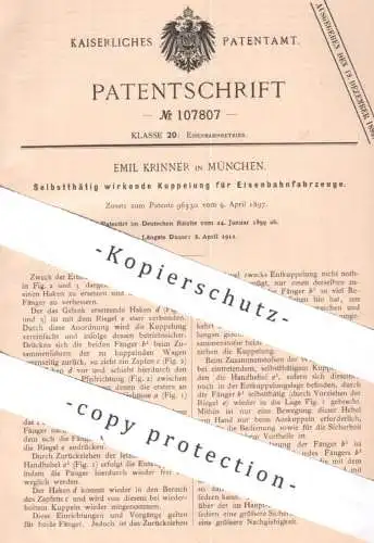 original Patent - Emil Krinner , München | 1899 | Kupplung für Eisenbahnfahrzeuge | Eisenbahn , Bahn , Straßenbahn !!!