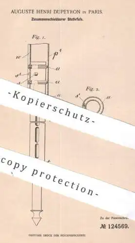 original Patent - Auguste Henri Dupeyron , Paris , Frankreich | 1900 | Zusammenschiebbarer Stativfuß | Stativ | Rohr !!