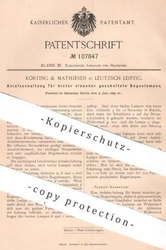 original Patent - Körting & Mathiesen , Leipzig / Leutzsch | 1899 | Bogenlampen Schaltung | Schalter , Elektrik , Lampe