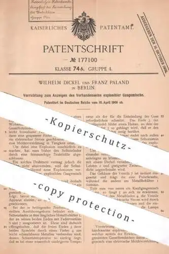 original Patent - Wihelm Dickel | Franz Paland , Berlin | 1906 | Meldung explosibler Gasgemische | Gas Bergwerk Bergbau