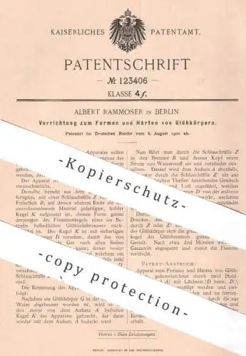 original Patent - Albert Rammoser , Berlin | 1900 | Formen u. Härten der Glühkörper | Glühlampe Lampe Laterne Brenner