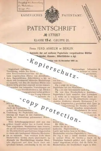 original Patent - Ferd. Ashelm , Berlin , 1905 , Papierblock , Abreißblock , Kalender , Billett , Fahrschein