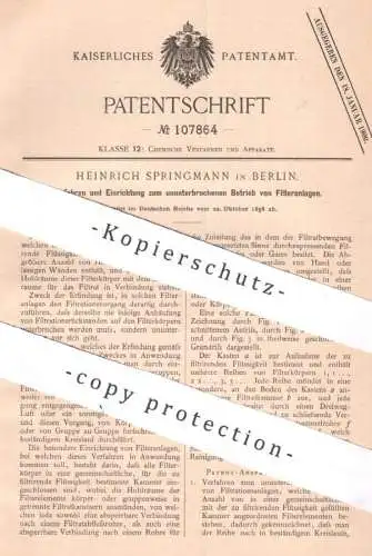 original Patent - Heinrich Springmann , Berlin , 1898 , stetiger Betrieb der Filteranlage | Filter , Filtrieren !!