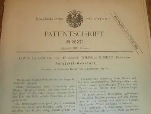 original Patent - Louis Laeserson und Hermann Wilke in Moskau / Russland , 9.09.1883 , Webstuhl , Weberei , Weber !!!