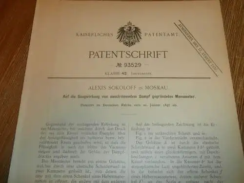 original Patent - Alexis Sokoloff in Moskau / Russland , 21.01.1897 , Manometer für Dampfmaschine !!!