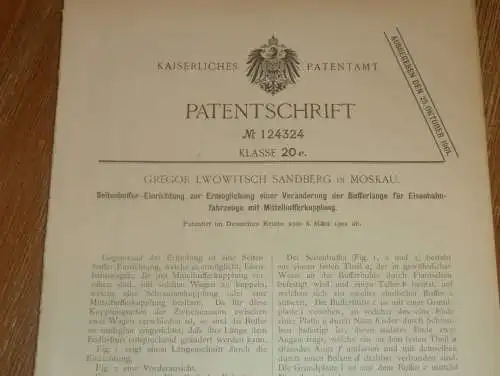 original Patent - Gregor Lwowitsch Sandberg in Moskau / Russland , 8.03.1901 , Buffer für Eisenbahn !!!