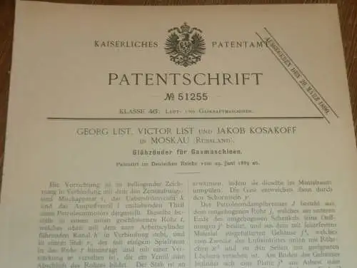 original Patent - Georg List und Jakob Kosakoff in Moskau / Russland , 29.06.1889 , Glühzünder für Gasmotor , Motor !!!