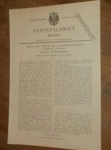 original Patent - Georg List und Jakob Kosakoff in Moskau / Russland , 29.06.1889 , Glühzünder für Gasmotor , Motor !!!