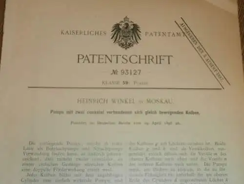 original Patent - Heinrich Winkel in Moskau / Russland , 29.04.1896 , Pumpe für Bohrloch , Ölpumpe , Erdöl !!!