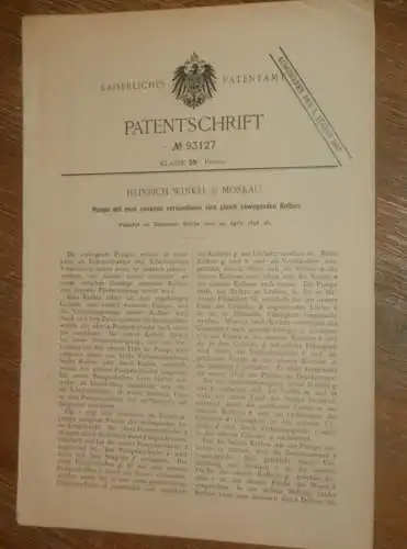 original Patent - Heinrich Winkel in Moskau / Russland , 29.04.1896 , Pumpe für Bohrloch , Ölpumpe , Erdöl !!!