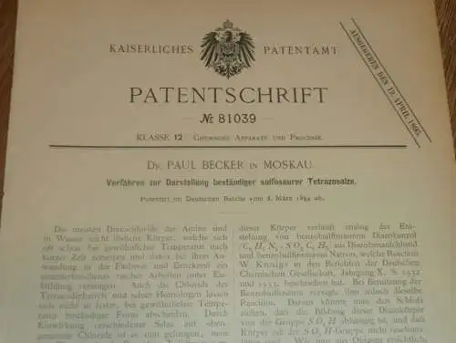 original Patent - Dr. Paul Becker in Moskau / Russland , 8.03.1894, Tetrazosalze , Chemie , Labor , Färberei , Druckerei