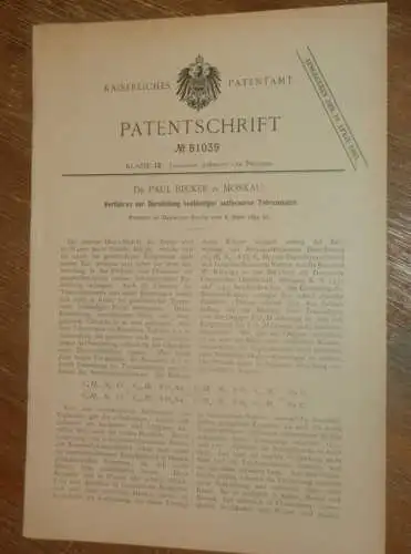 original Patent - Dr. Paul Becker in Moskau / Russland , 8.03.1894, Tetrazosalze , Chemie , Labor , Färberei , Druckerei