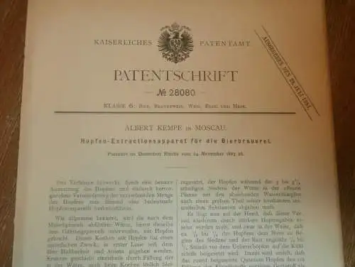 original Patent - Albert Kempe in Moskau / Russland , 14.11.1883 , Apparat für Brauerei , Bier , Hopfen !!