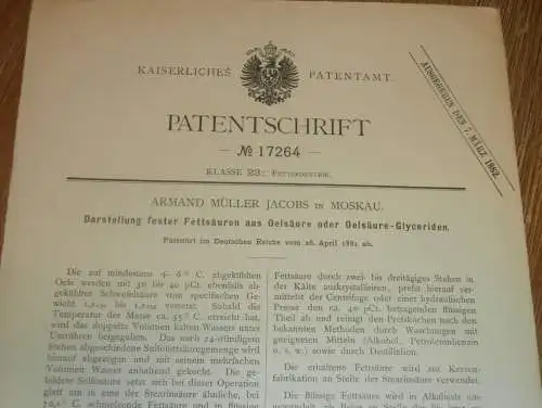 original Patent - Armand Müller Jacobs in Moskau / Russland , 26.04.1881 , Ölsäure - Gyceriden !!