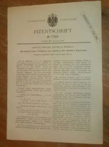 original Patent - Armand Müller Jacobs in Moskau / Russland , 26.04.1881 , Ölsäure - Gyceriden !!