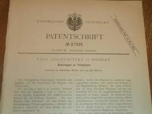 original Patent - Paul Goloubitzky in Moskau / Russland , 24.07.1883 , Telephon , Telefon , Telephonie !!