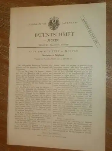 original Patent - Paul Goloubitzky in Moskau / Russland , 24.07.1883 , Telephon , Telefon , Telephonie !!