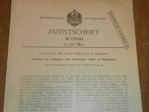 original Patent - Friedrich Wilhelm Esmarch in Moskau / Russland , 28.09.1901 , Flügelpumpe , Pumpe !!