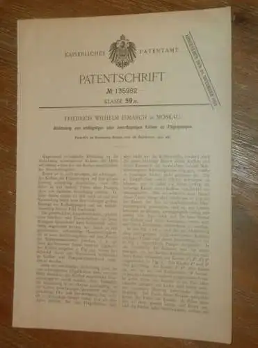 original Patent - Friedrich Wilhelm Esmarch in Moskau / Russland , 28.09.1901 , Flügelpumpe , Pumpe !!