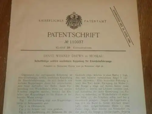 original Patent - Ernst Werner Drews in Moskau / Russland , 30.12.1898 , Kupplung für Eisenbahn !!