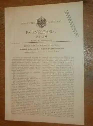 original Patent - Ernst Werner Drews in Moskau / Russland , 30.12.1898 , Kupplung für Eisenbahn !!