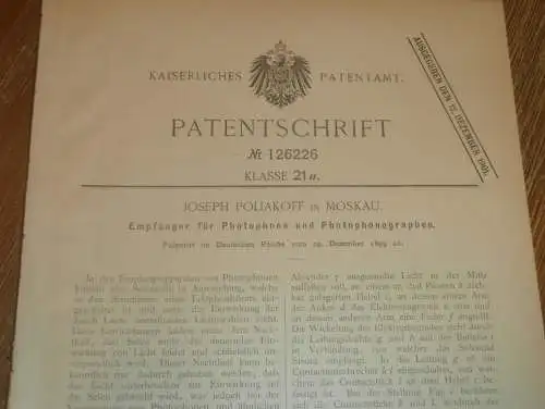 original Patent - Joseph Poliakoff in Moskau / Russland , 22.12.1899 , Photophone , Telephon , Phonograph !!