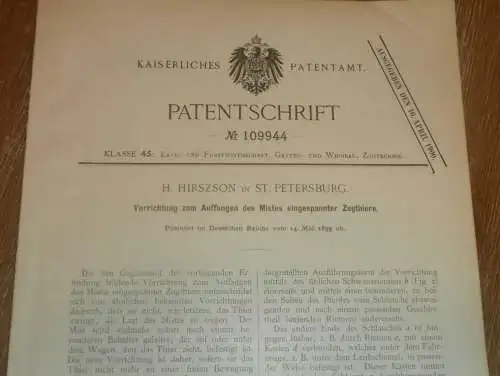 original Patent - H. Hirszson in St. Petersburg / Russland , 14.05.1899 , Apparat für Pferde , Mist , Landwirtschaft !!