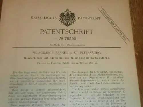 original Patent - Wladimir F. Berner in St. Petersburg / Russland , 14.10.1893 , Winderhitzer , Gebläse !!