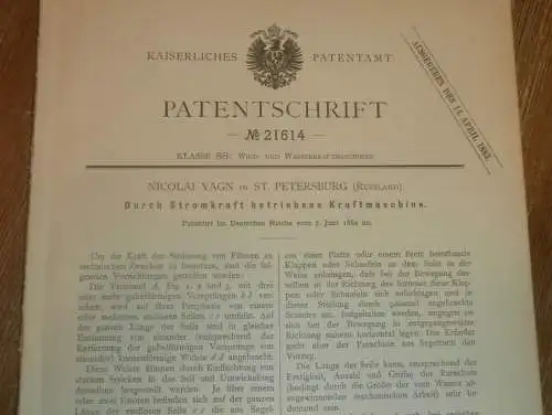 original Patent - Nicolai Yagn in St. Petersburg / Russland , 7.06.1882 , Kraftmaschine , Boot , Motor !!