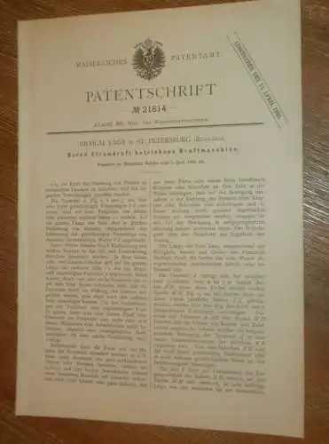 original Patent - Nicolai Yagn in St. Petersburg / Russland , 7.06.1882 , Kraftmaschine , Boot , Motor !!