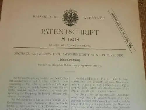 original Patent - Michael Grigoriewitsch in St. Petersburg / Russland , 5.09.1880 , Schlauchkupplung !!