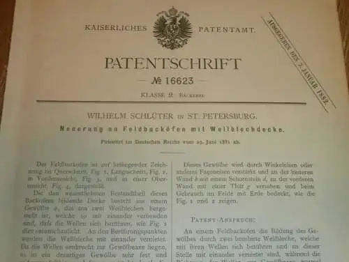 original Patent - Wilhelm Schlüter in St. Petersburg / Russland , 29.06.1881 , Feld-Backofen , Bäckerei , Armee !!!