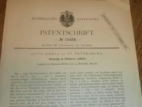 original Patent - Otto Krell in St. Petersburg / Russland , 13.11.1880 , Lafette , Kanone , Geschütz !!!