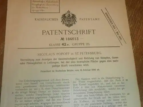 original Patent - Nicolaus Popoff in St. Petersburg / Russland , 10.02.1906 , Geschwindigkeitsanzeiger , Dampfmaschine