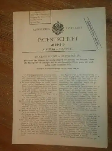 original Patent - Nicolaus Popoff in St. Petersburg / Russland , 10.02.1906 , Geschwindigkeitsanzeiger , Dampfmaschine