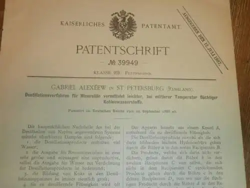 original Patent - Gabriel Alexeew in St. Petersburg / Russland , 23.09.1886 , Mineralöl - Destillation , Öl !!!