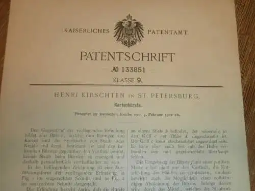 original Patent - Henri Kirschten in St. Petersburg / Russland , 7.02.1902 , Bürste für Spielkarten , Karten !!!