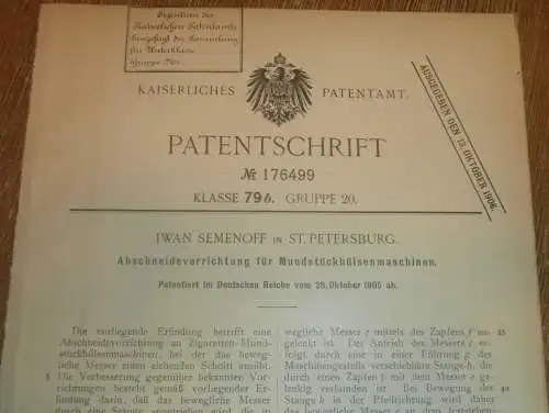 original Patent - Iwan Semenoff in St. Petersburg / Russland , 28.10.1905 , Zigaretten - Maschine , Schneider !!!