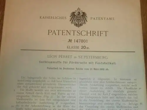 original Patent - Léon Perret in St. Petersburg / Russland , 21.03.1902 , Seil-Klemmuffe ,Seil !!!