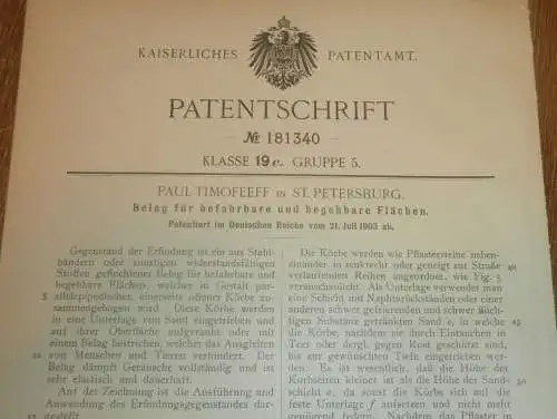 original Patent - Paul Timofeeff in St. Petersburg / Russland , 21.07.1903 , Fahrbahn-Belag , Strassenbau !!!