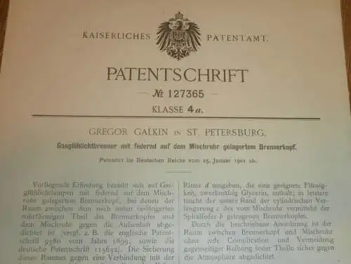 original Patent - Gregor Galkin in St. Petersburg / Russland , 25.01.1901 , Glühlichtbrenner , Glühlampe , Gas !!!