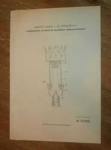 original Patent - Gregor Galkin in St. Petersburg / Russland , 25.01.1901 , Glühlichtbrenner , Glühlampe , Gas !!!